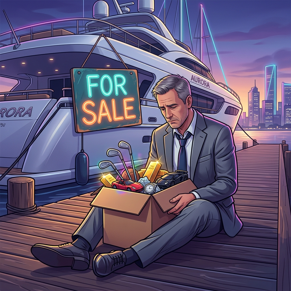 Sad CEO sitting on a dock with a For Sale sign on his yacht, selling his toys